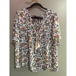 Eclair White Floral Tassle Neck Tie Blouse Top - XL